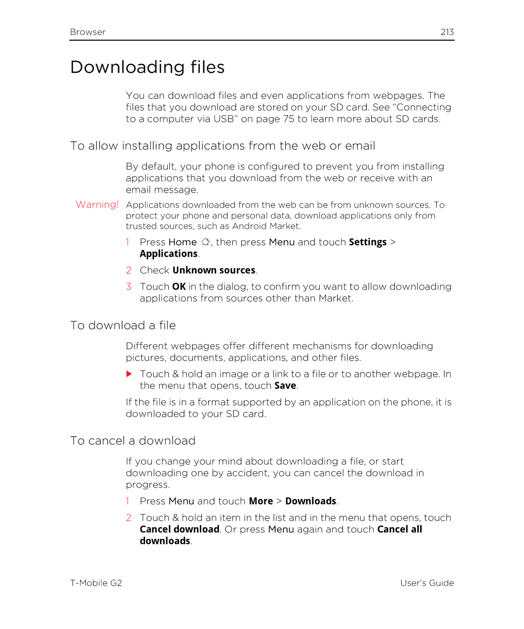 HTC G2 Downloading files, To allow installing applications from the web or email, To download a file, To cancel a download 