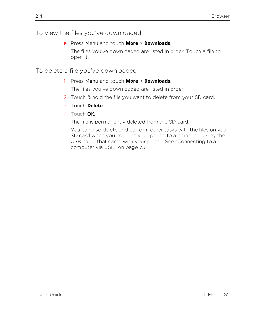 HTC G2 manual To view the files you’ve downloaded, To delete a file you’ve downloaded 