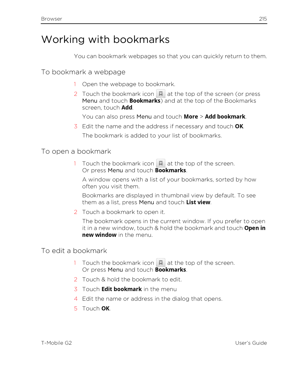 HTC G2 manual Working with bookmarks, To bookmark a webpage, To open a bookmark, To edit a bookmark 