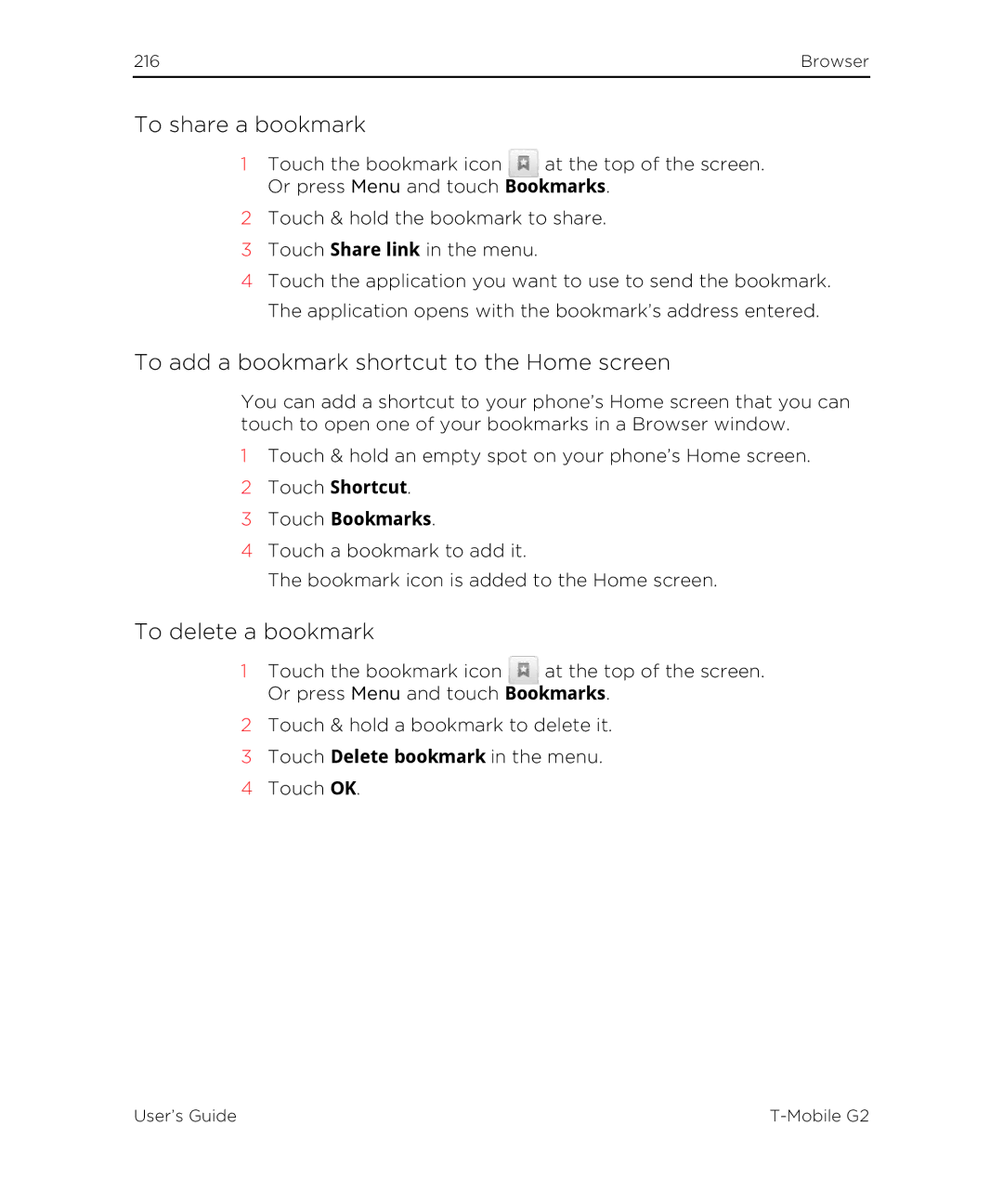 HTC G2 manual To share a bookmark, To add a bookmark shortcut to the Home screen, To delete a bookmark 
