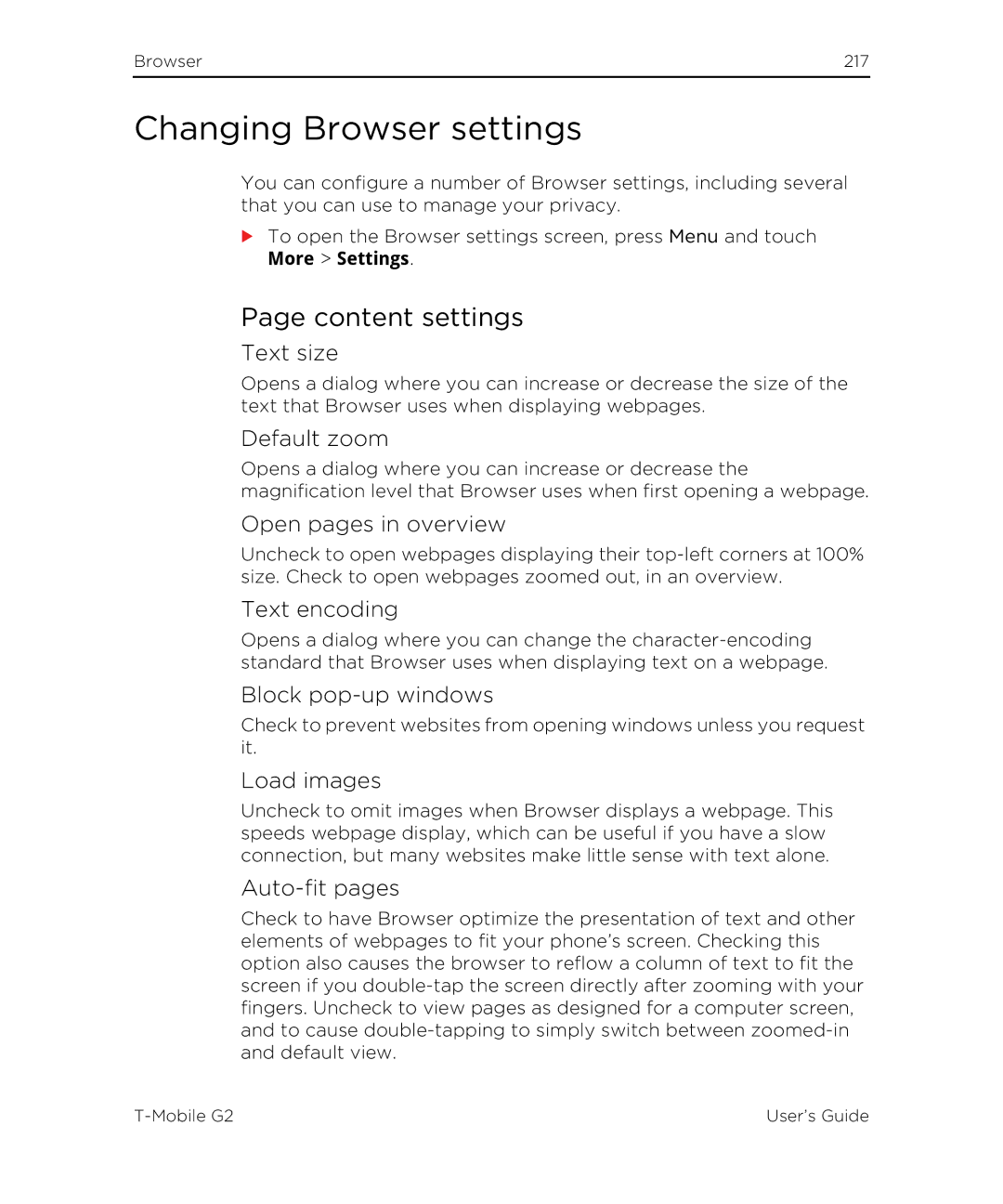 HTC G2 manual Changing Browser settings, Content settings 