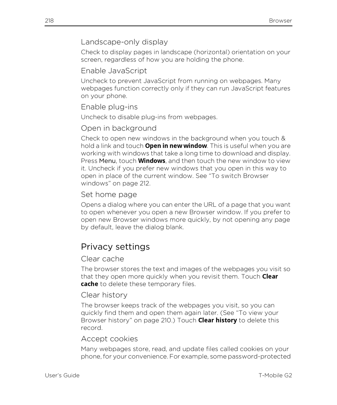 HTC G2 manual Privacy settings 