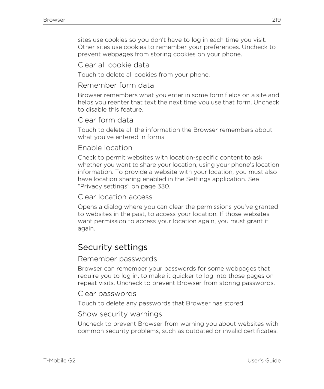 HTC G2 manual Security settings 