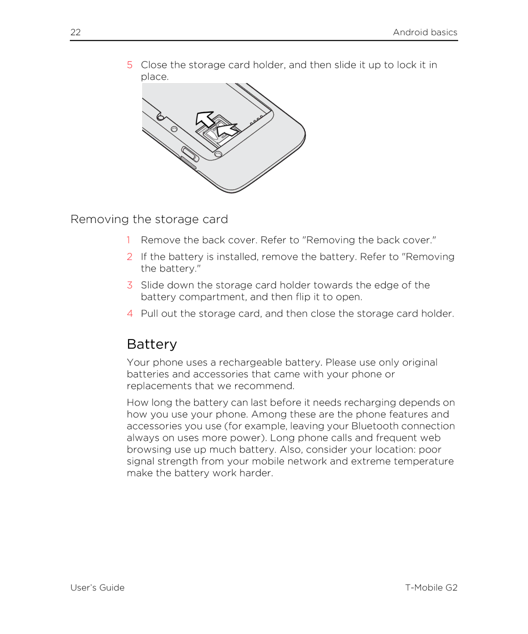 HTC G2 manual Battery, Removing the storage card 