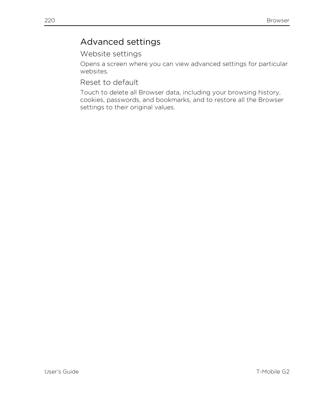 HTC G2 manual Advanced settings, Website settings, Reset to default 