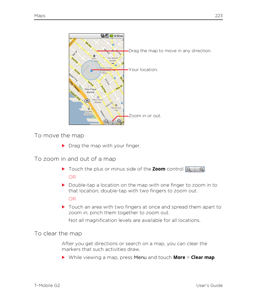 HTC G2 manual To move the map, To zoom in and out of a map, To clear the map 