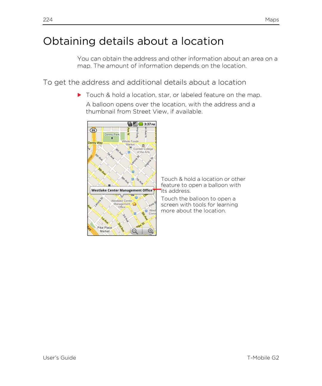 HTC G2 manual Obtaining details about a location, To get the address and additional details about a location 