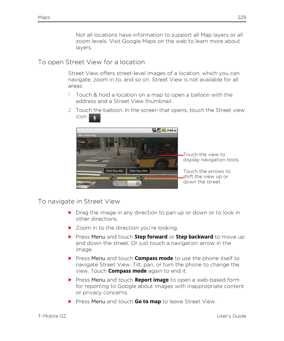 HTC G2 manual To open Street View for a location, To navigate in Street View 