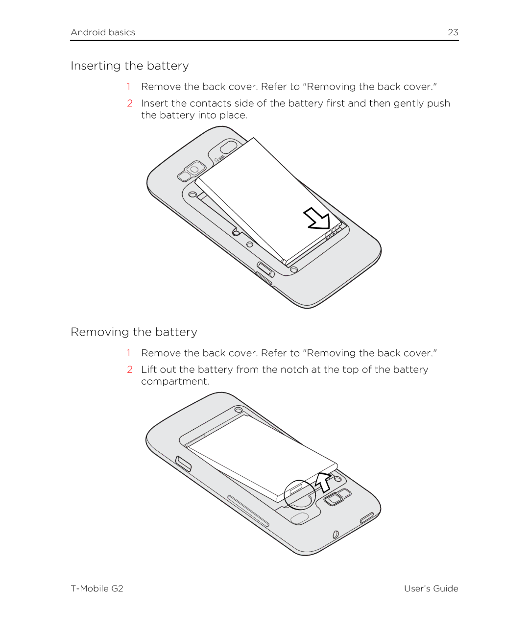 HTC G2 manual Inserting the battery, Removing the battery 