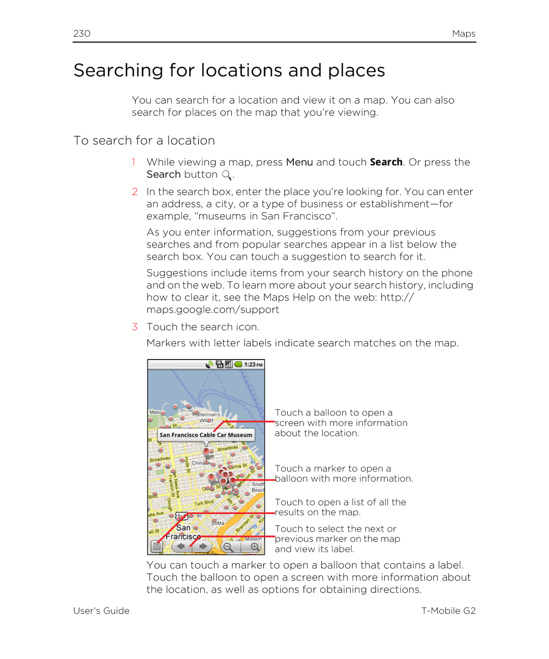 HTC G2 manual Searching for locations and places, To search for a location 