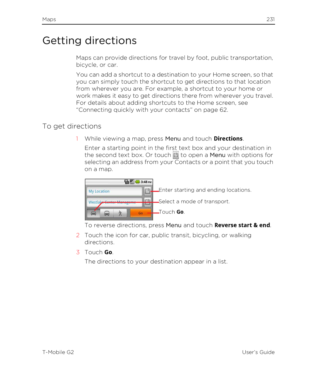 HTC G2 manual Getting directions, To get directions 