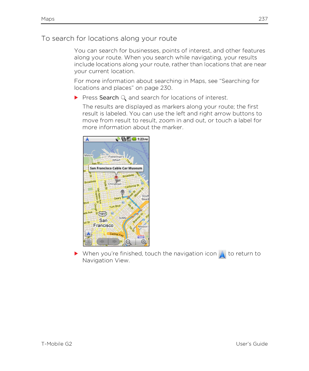 HTC G2 manual To search for locations along your route 