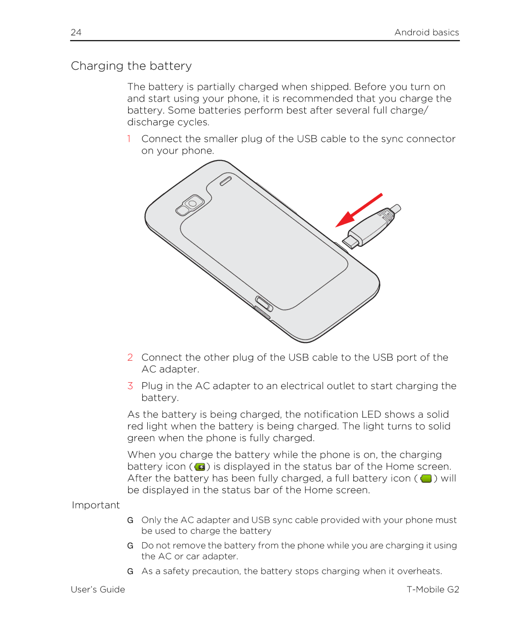 HTC G2 manual Charging the battery 