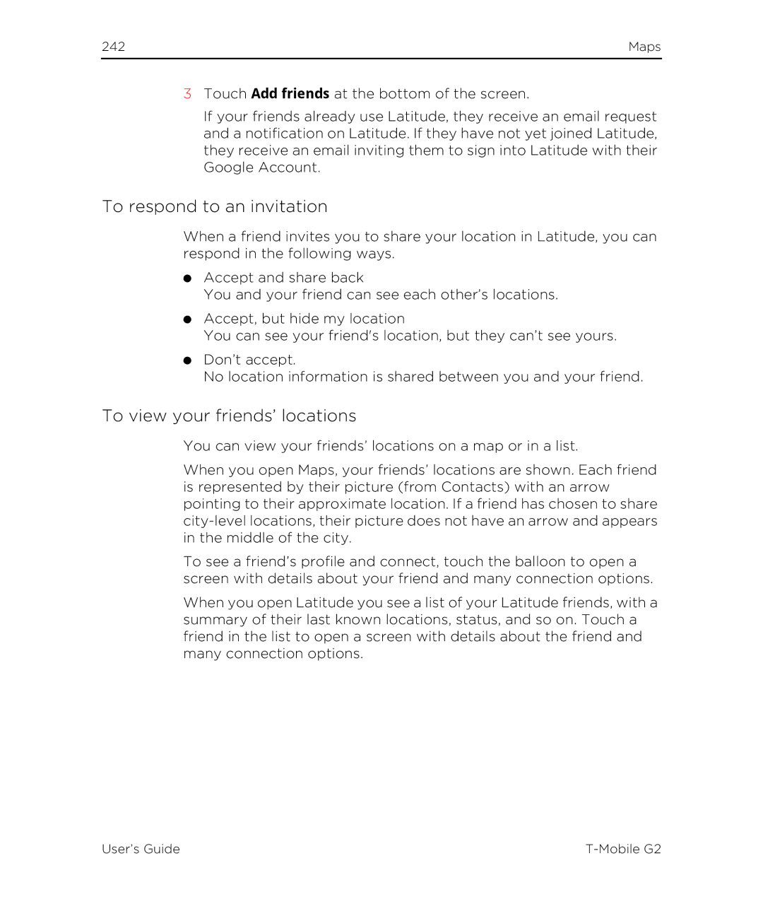 HTC G2 manual To respond to an invitation, To view your friends’ locations 