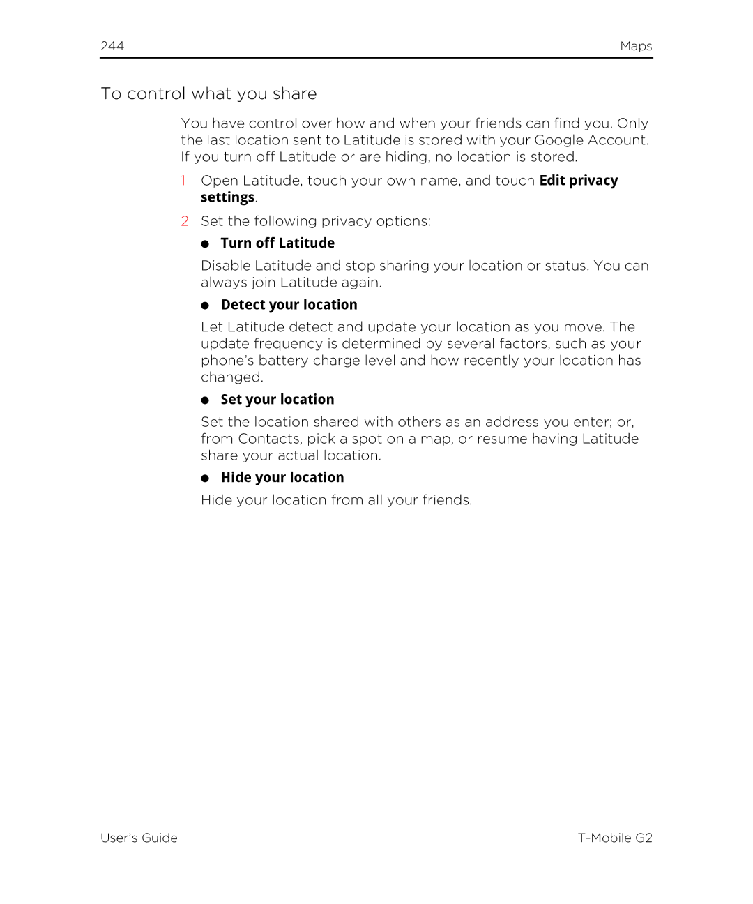 HTC G2 manual To control what you share, Turn off Latitude, Detect your location, Set your location, Hide your location 