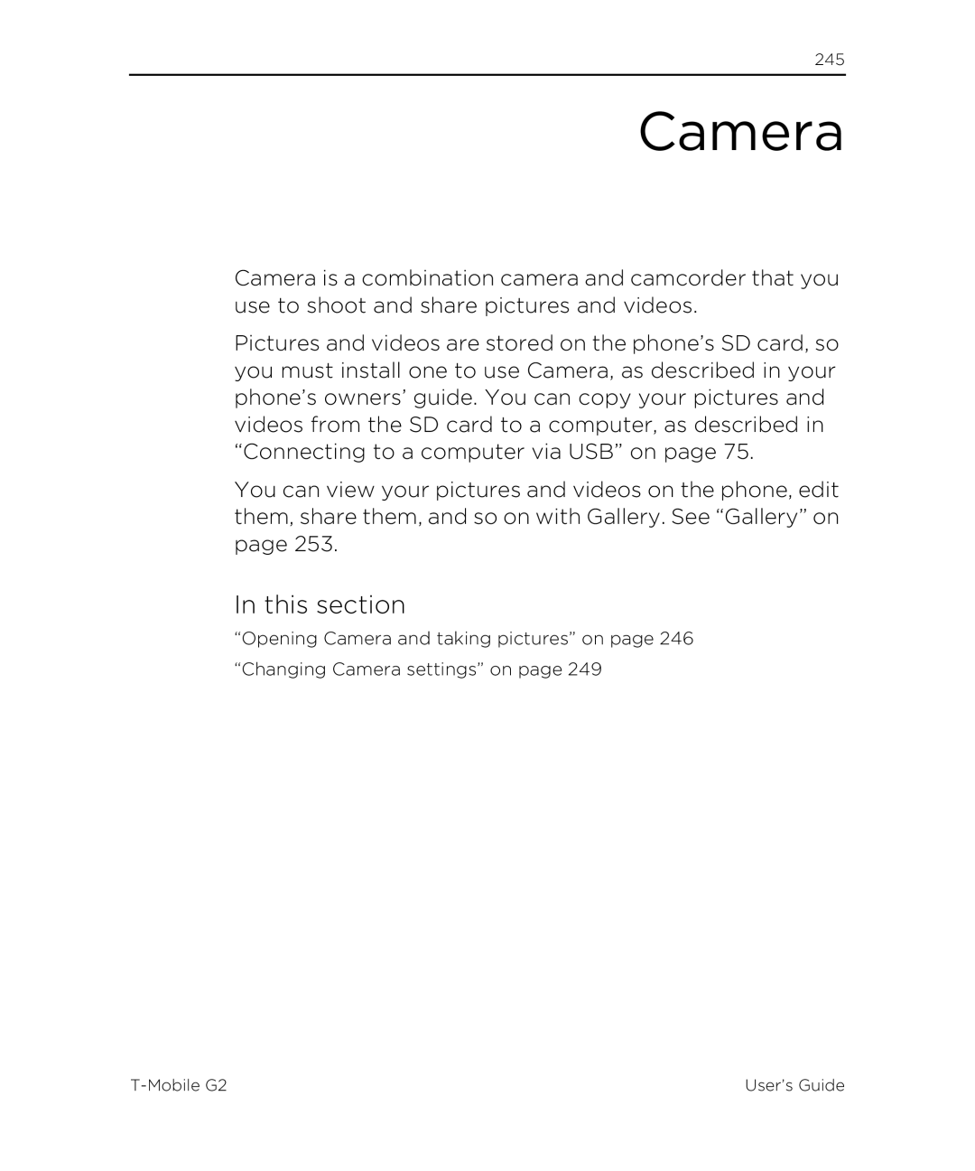 HTC G2 manual Camera, This section 