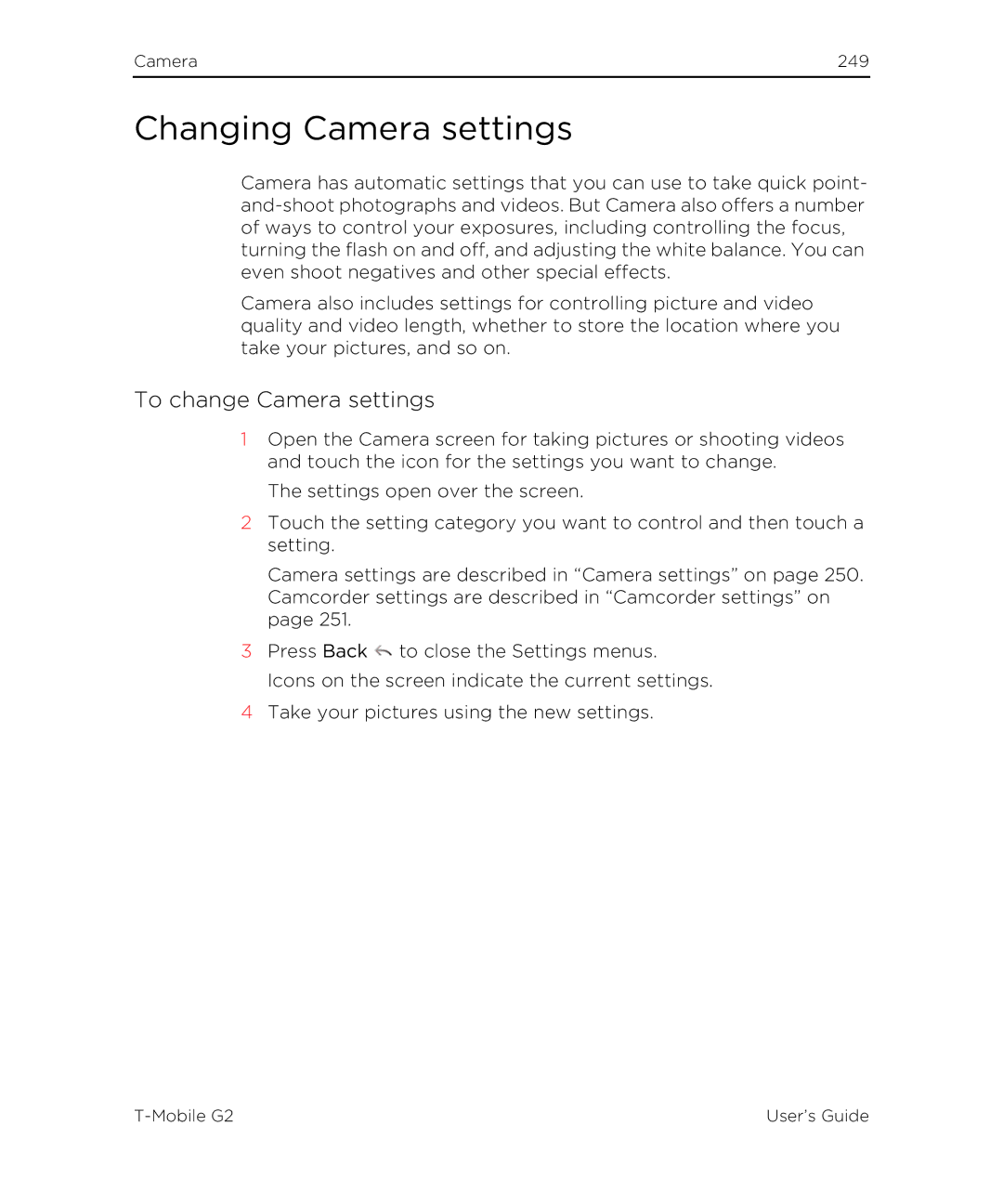 HTC G2 manual Changing Camera settings, To change Camera settings 