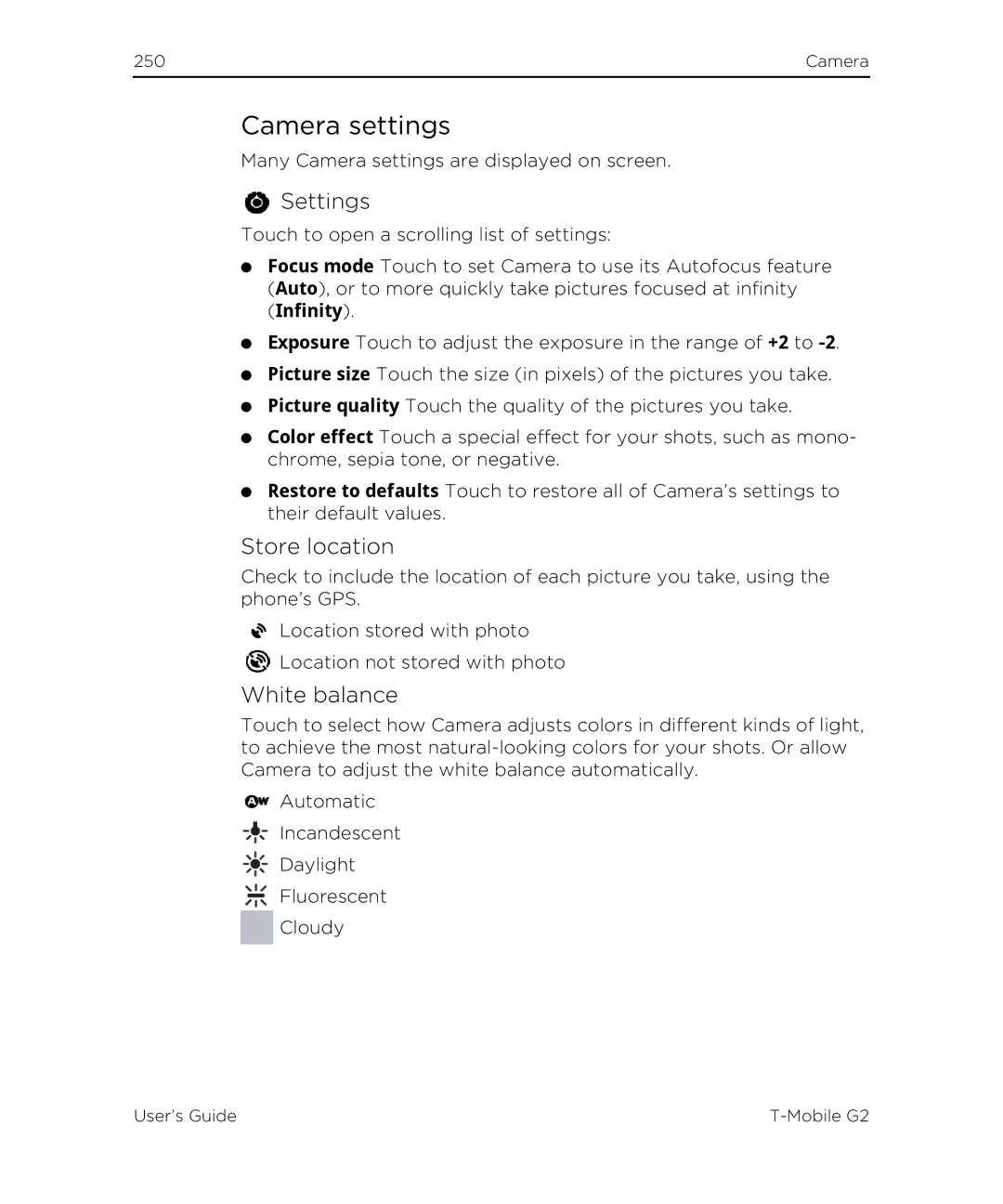 HTC G2 manual Camera settings, Settings, Store location, White balance 