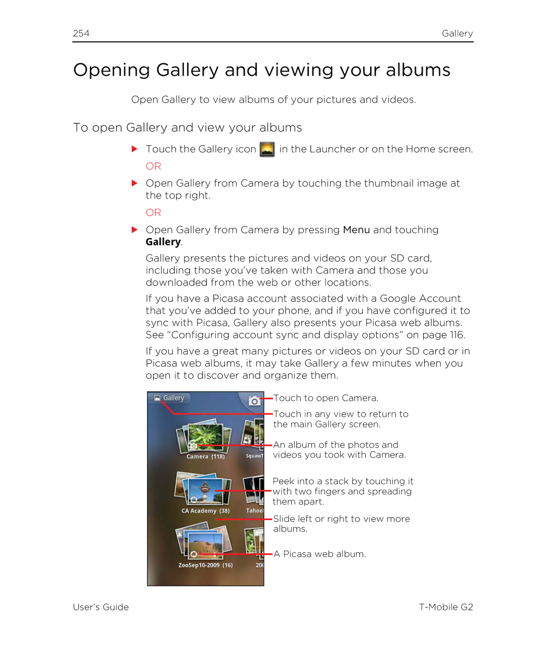 HTC G2 manual Opening Gallery and viewing your albums, To open Gallery and view your albums 