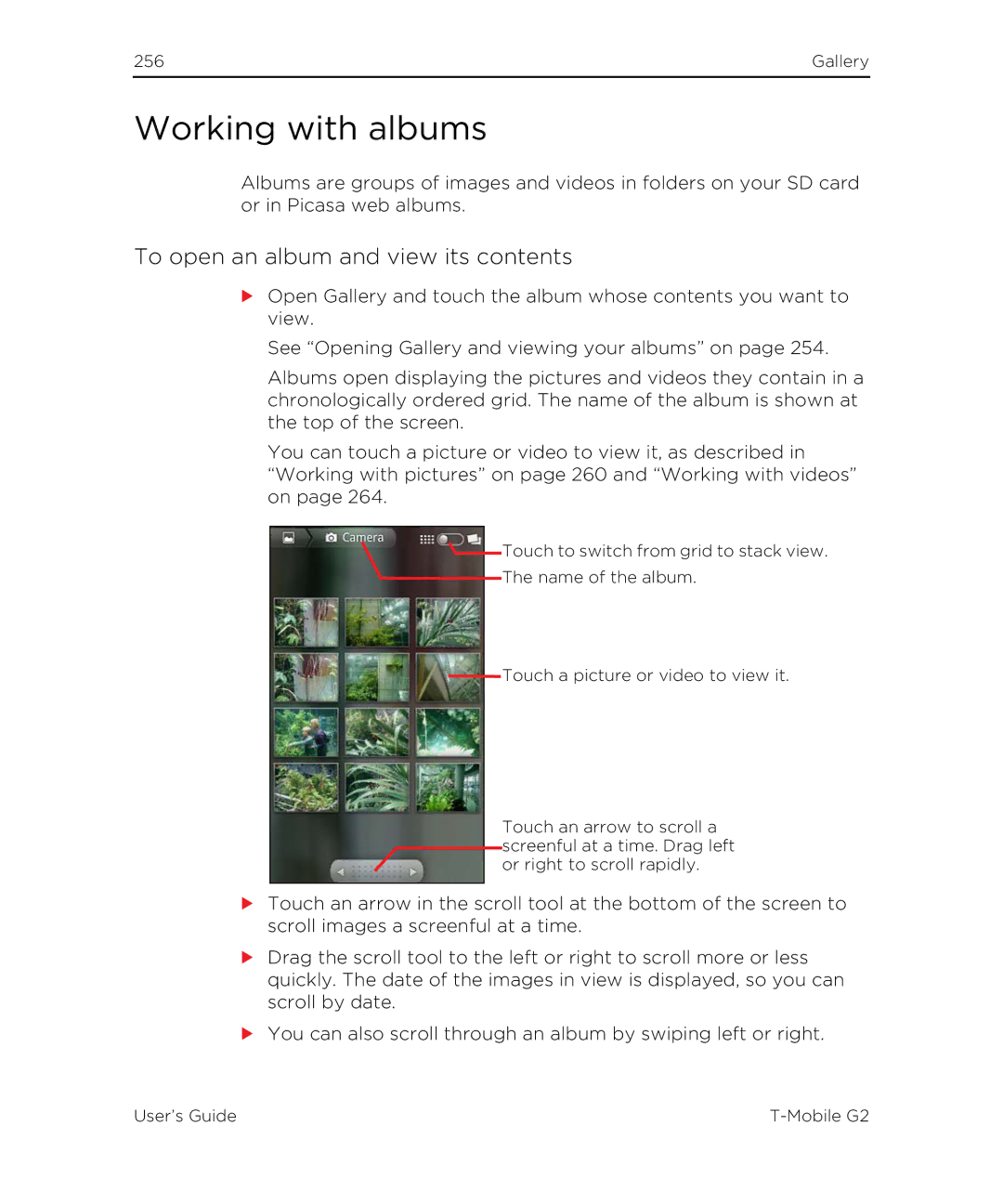 HTC G2 manual Working with albums, To open an album and view its contents 