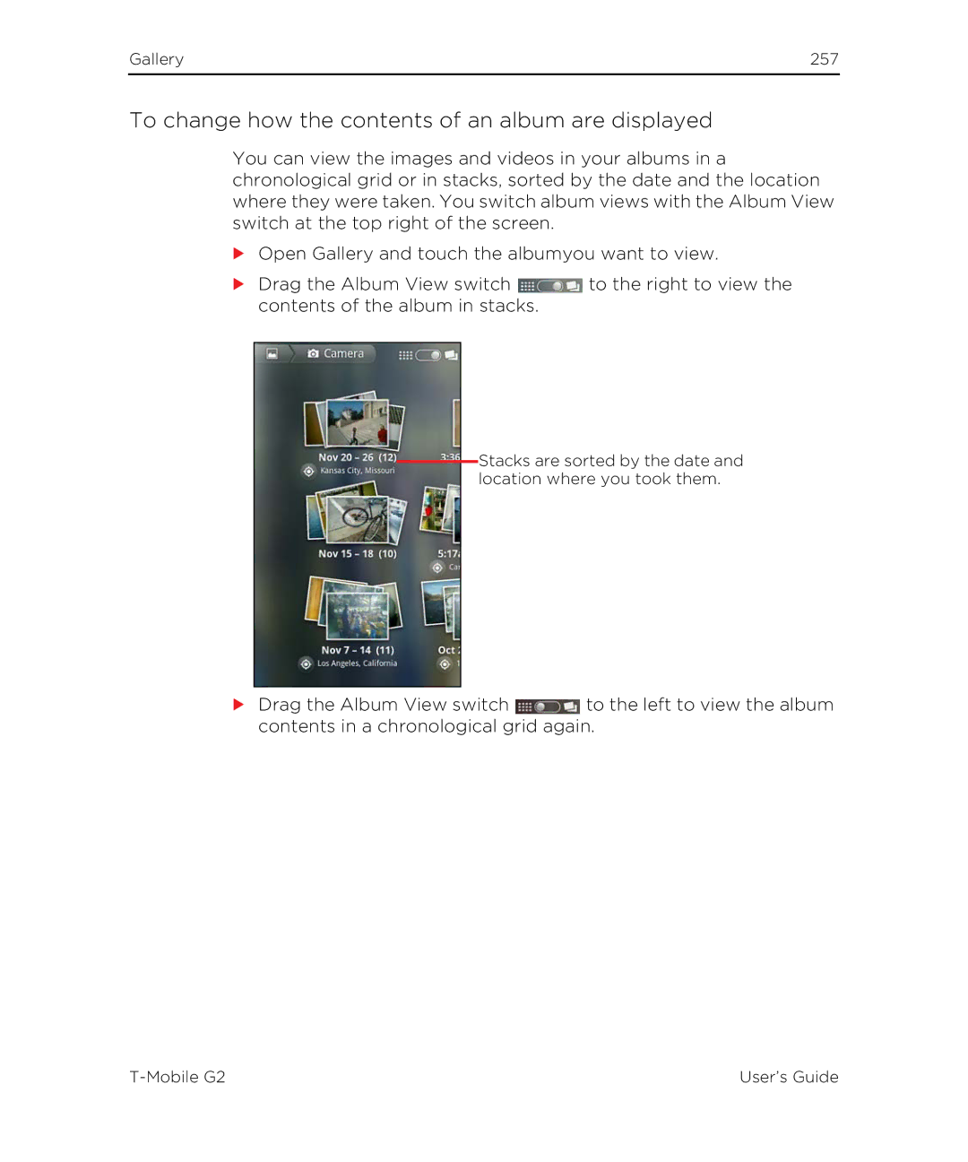 HTC G2 manual To change how the contents of an album are displayed 