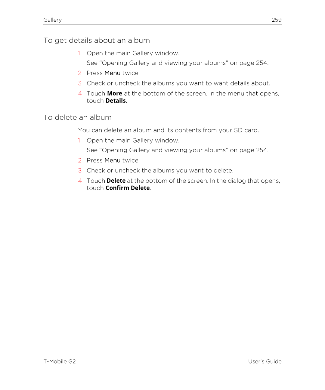 HTC G2 manual To get details about an album, To delete an album 