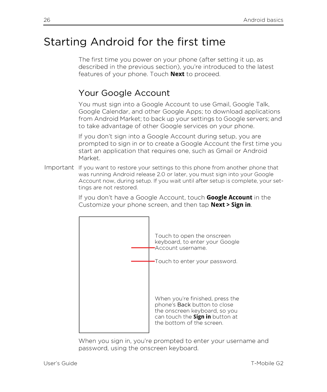 HTC G2 manual Starting Android for the first time, Your Google Account 