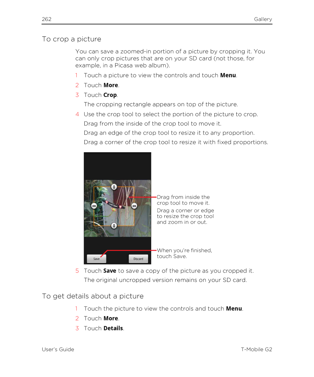 HTC G2 manual To crop a picture, To get details about a picture 