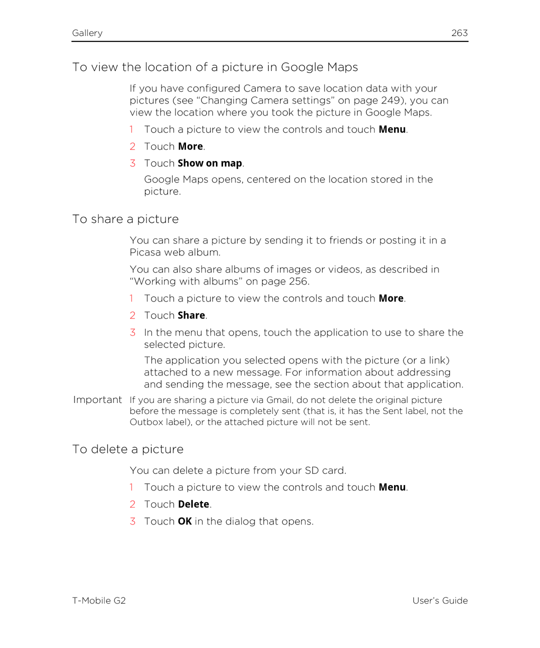 HTC G2 manual To view the location of a picture in Google Maps, To share a picture, To delete a picture, Touch Show on map 