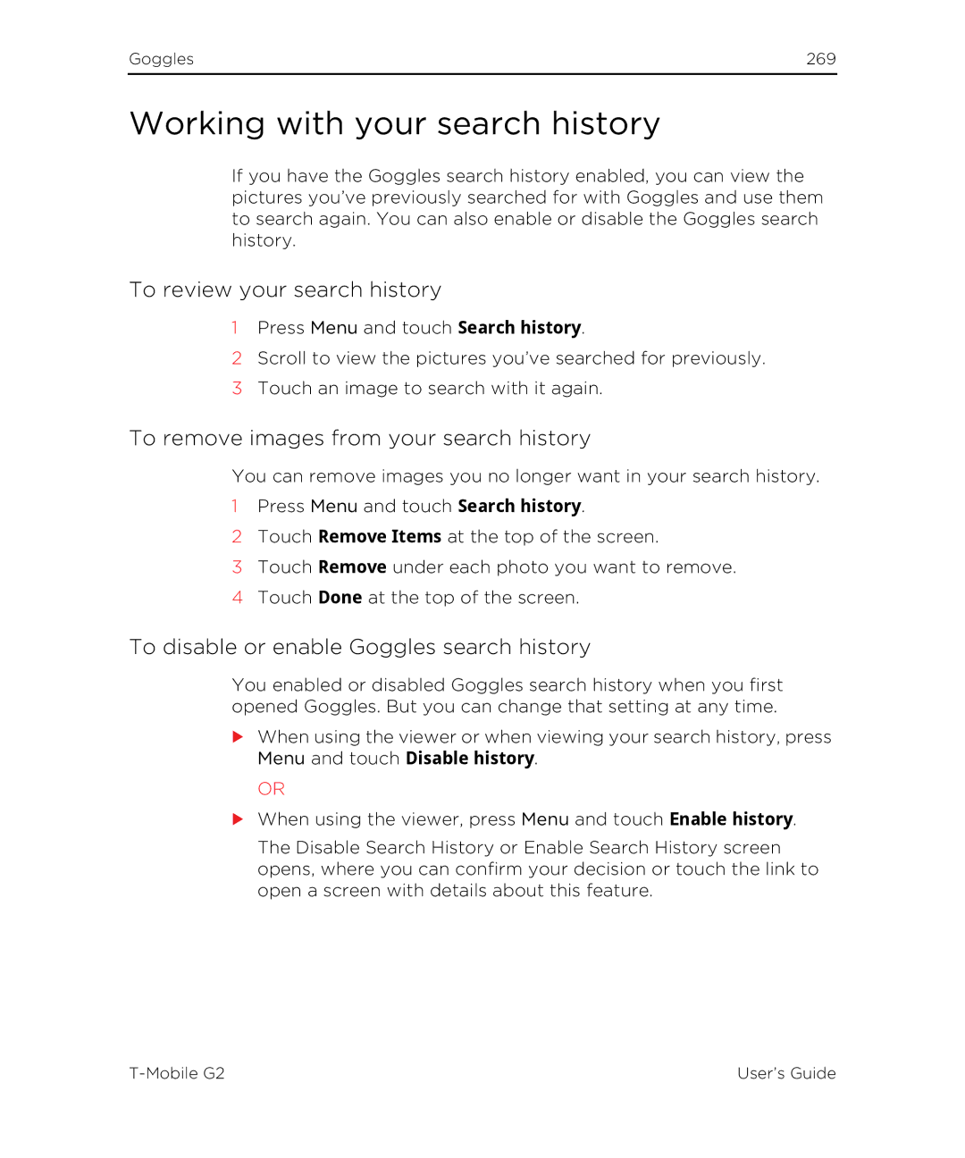 HTC G2 manual Working with your search history, To review your search history, To remove images from your search history 
