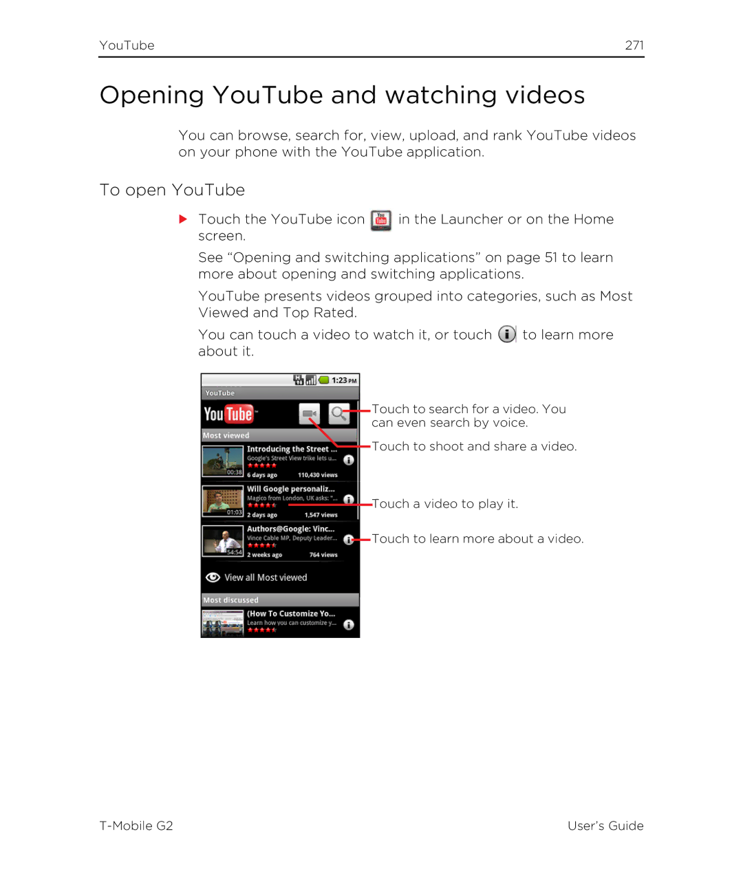 HTC G2 manual Opening YouTube and watching videos, To open YouTube 