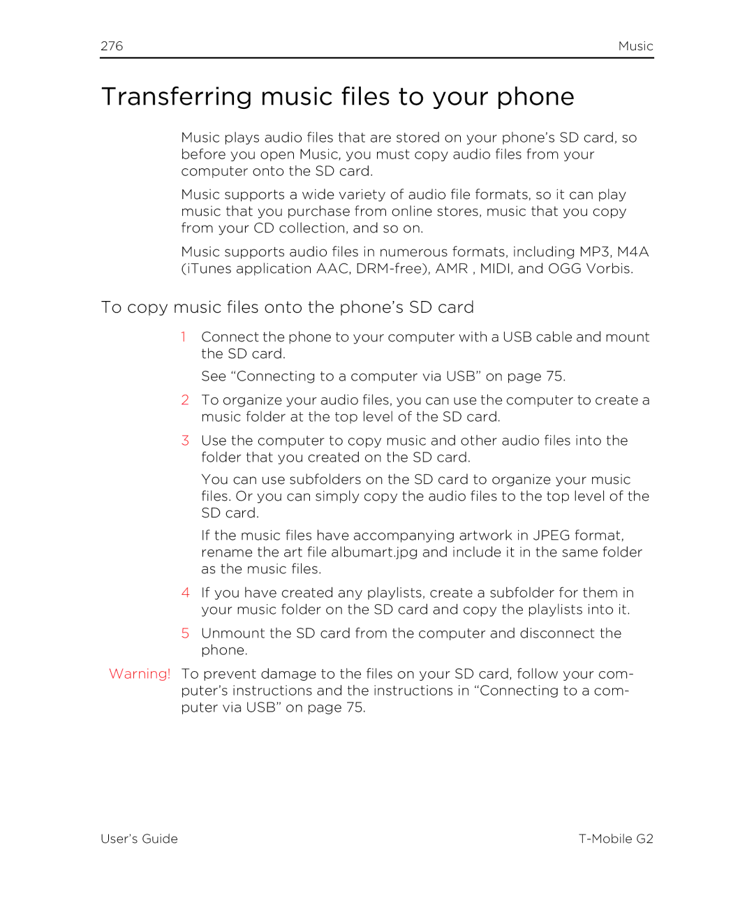 HTC G2 manual Transferring music files to your phone, To copy music files onto the phone’s SD card 