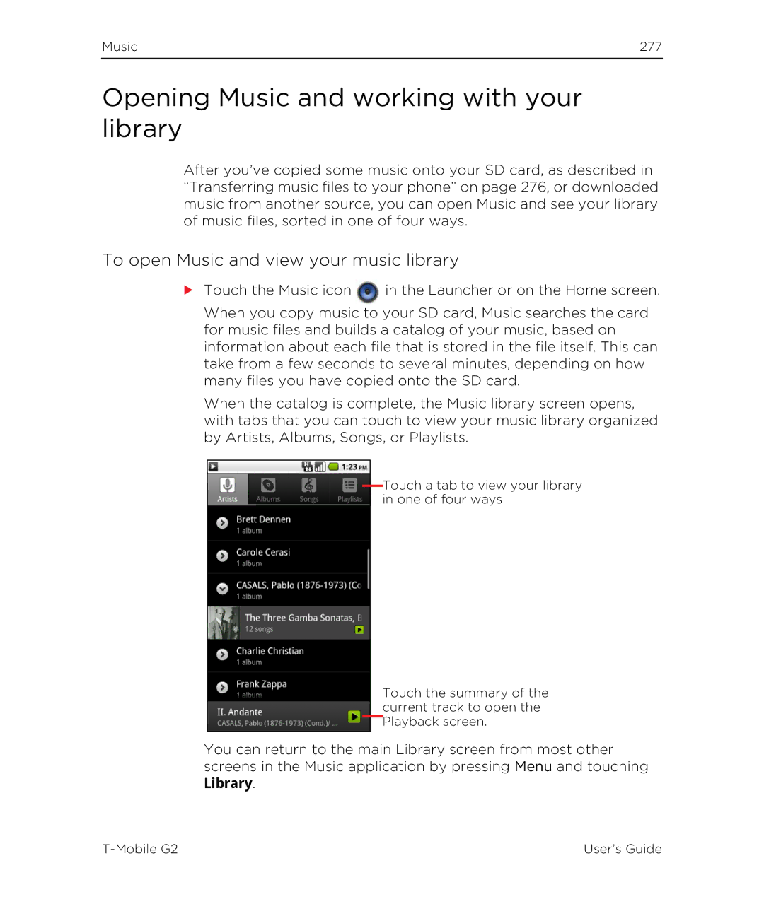 HTC G2 manual Opening Music and working with your library, To open Music and view your music library 