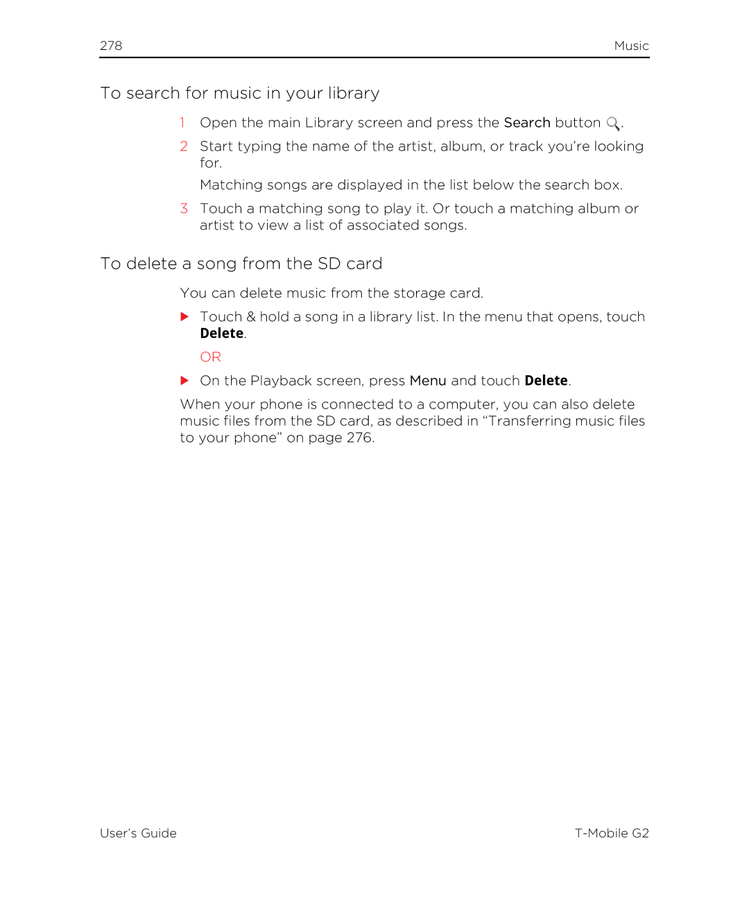 HTC G2 manual To search for music in your library, To delete a song from the SD card, Delete 