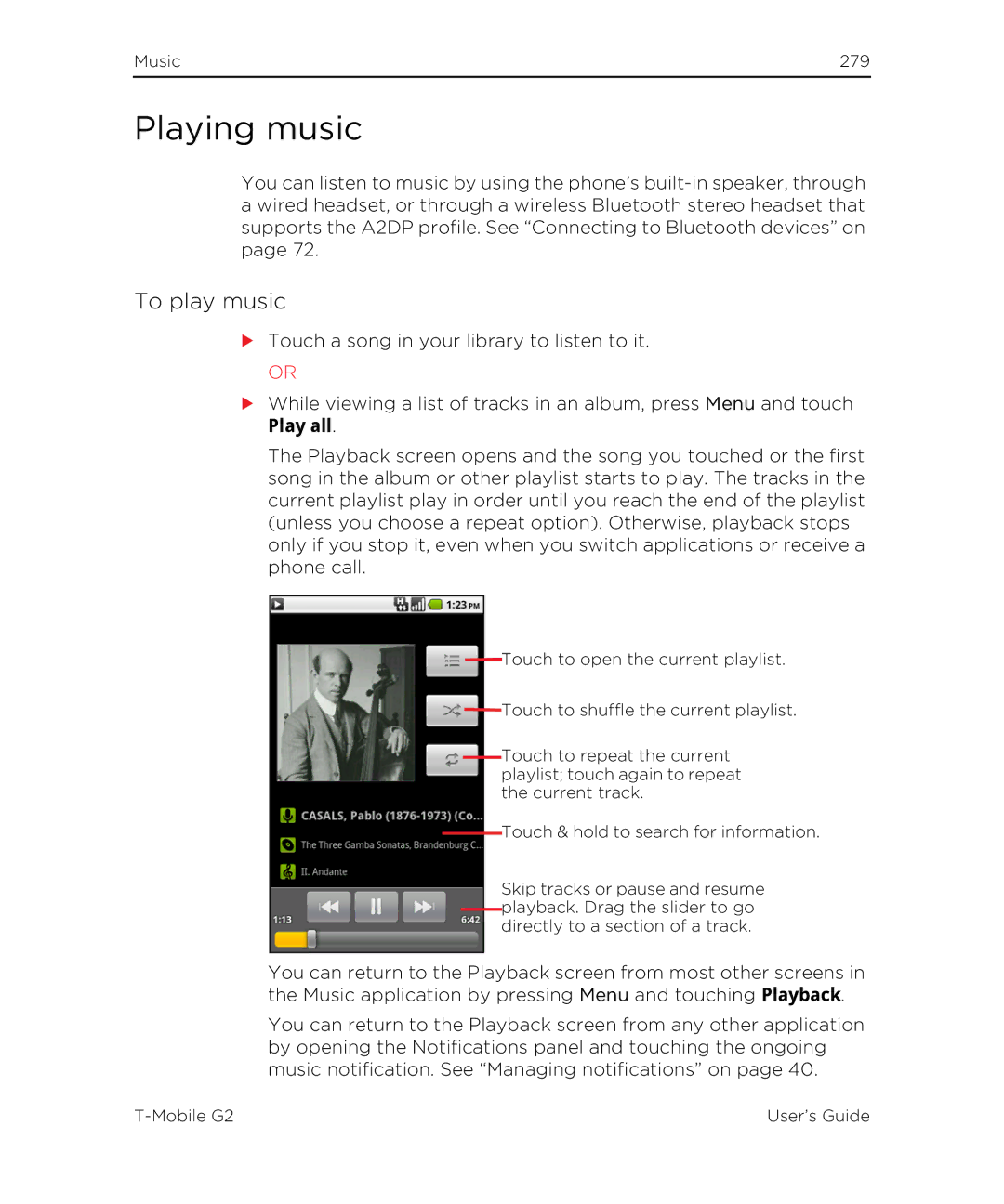 HTC G2 manual Playing music, To play music, Play all 