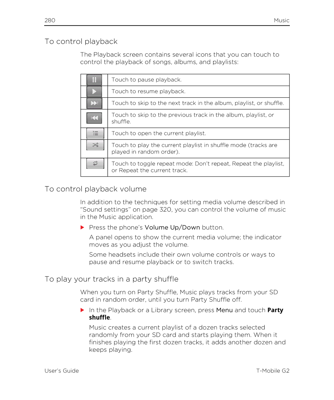 HTC G2 manual To control playback volume, To play your tracks in a party shuffle 