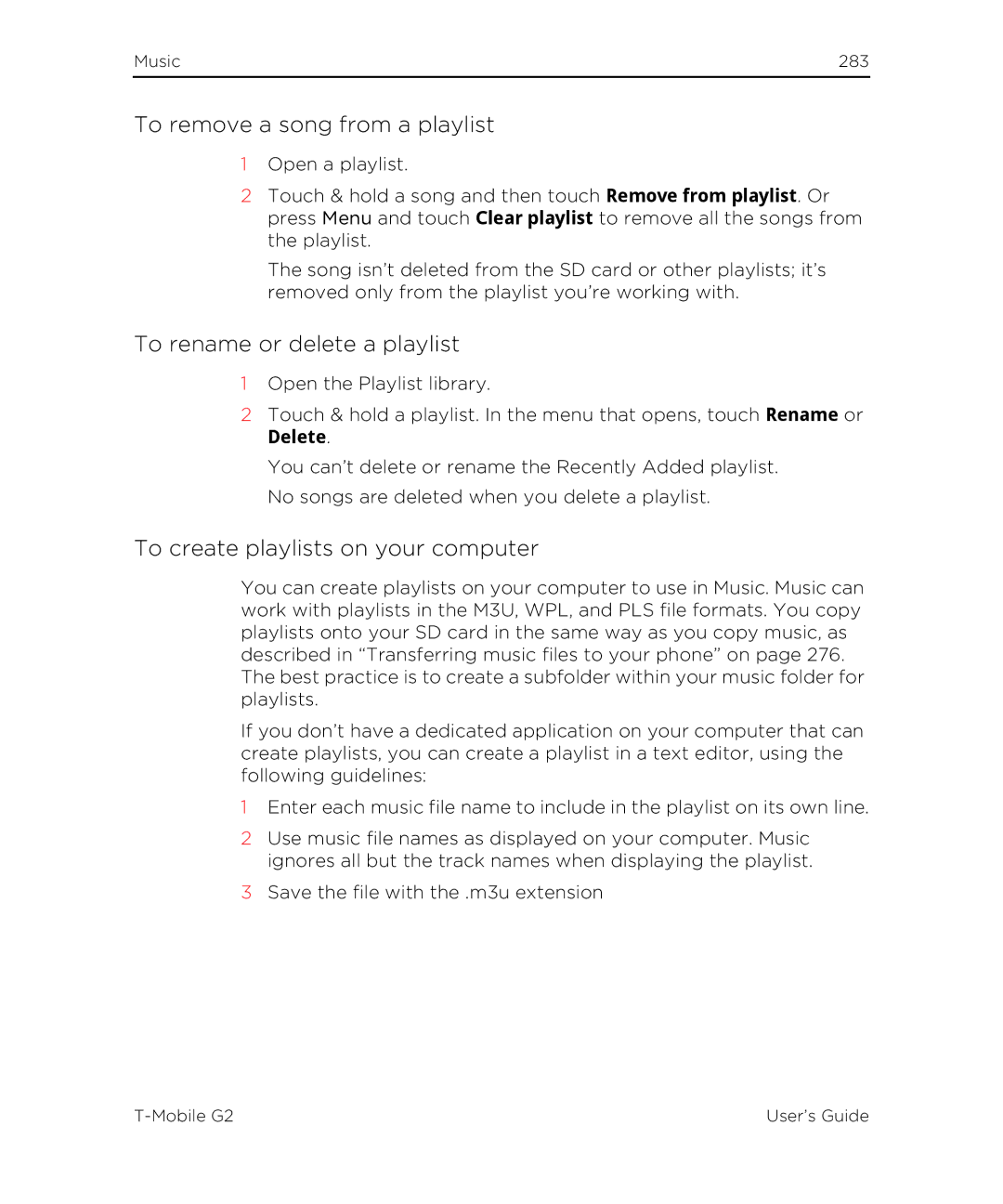 HTC G2 manual To remove a song from a playlist, To rename or delete a playlist, To create playlists on your computer 