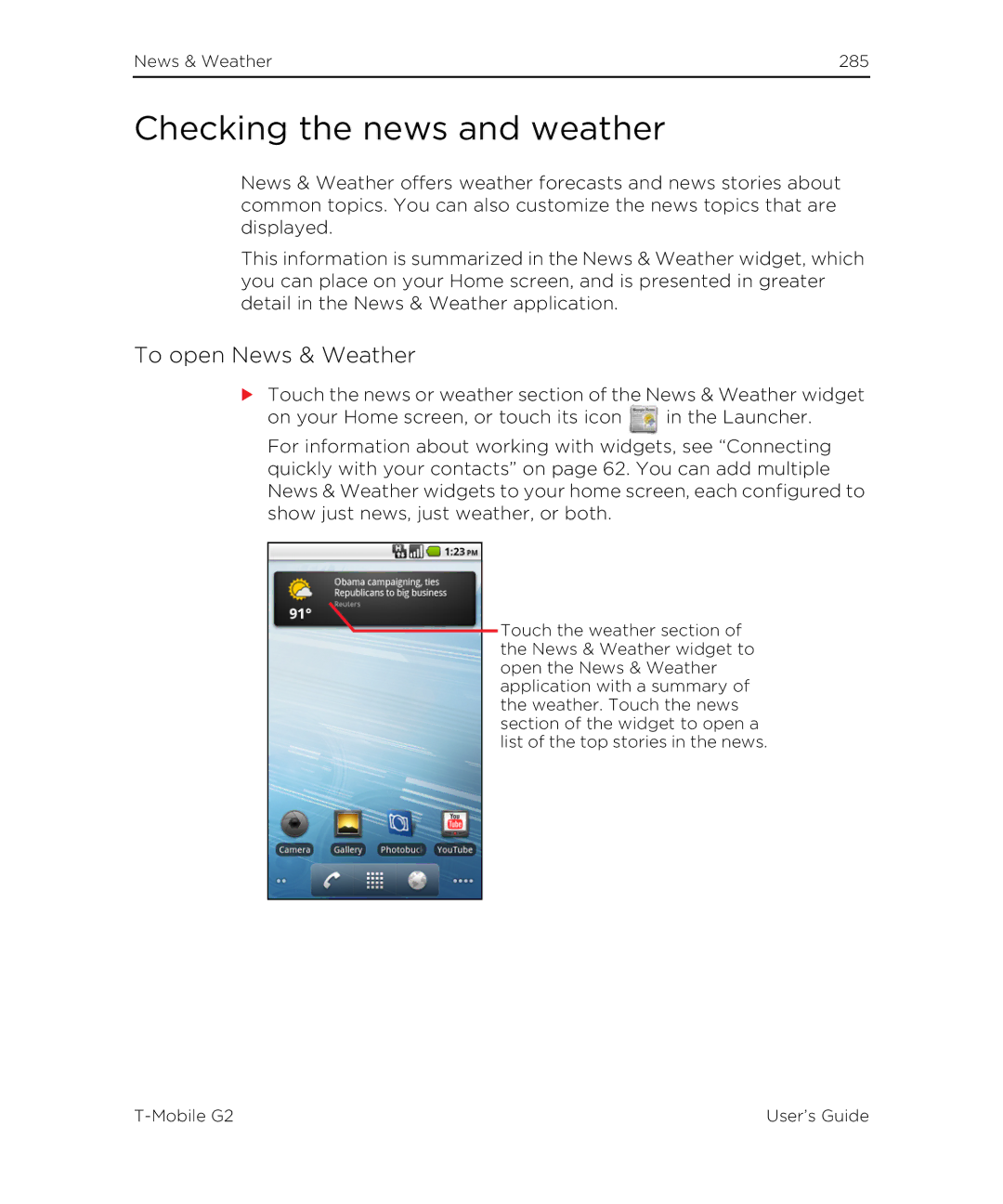 HTC G2 manual Checking the news and weather, To open News & Weather 