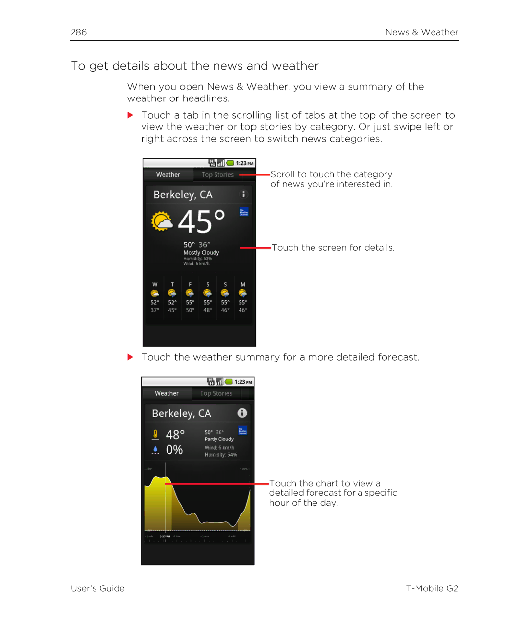 HTC G2 manual To get details about the news and weather, Touch the weather summary for a more detailed forecast 