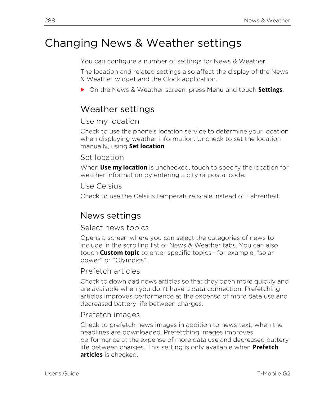 HTC G2 manual Changing News & Weather settings, News settings 