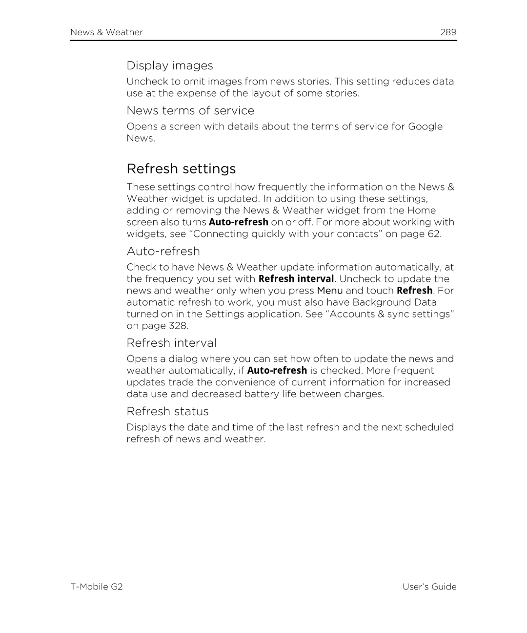 HTC G2 manual Refresh settings 