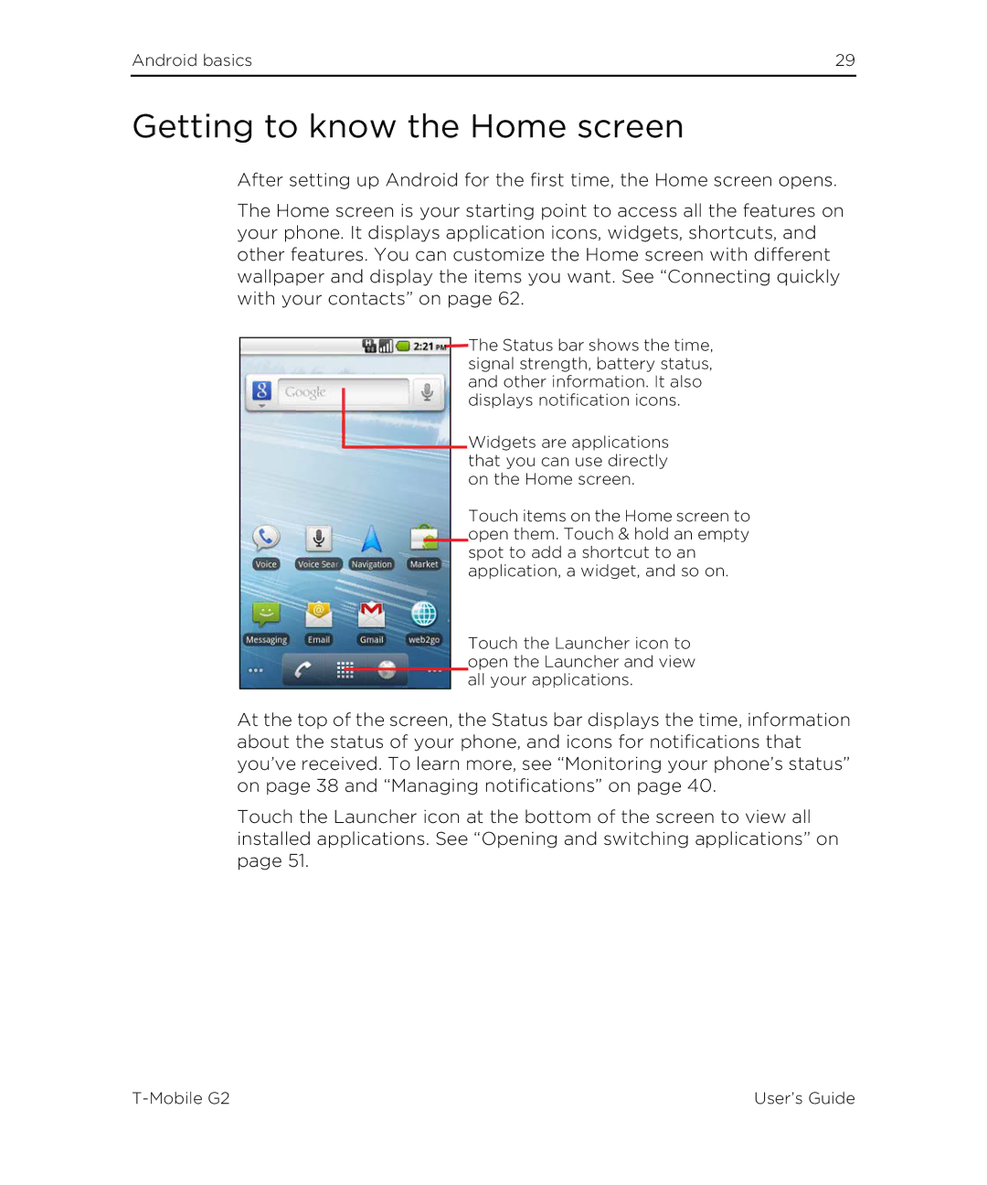 HTC G2 manual Getting to know the Home screen 