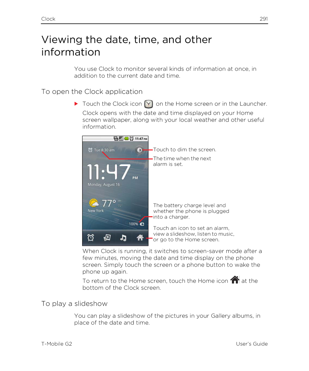 HTC G2 manual Viewing the date, time, and other information, To open the Clock application, To play a slideshow 