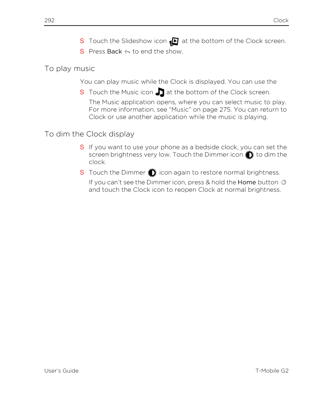 HTC G2 manual To play music, To dim the Clock display 