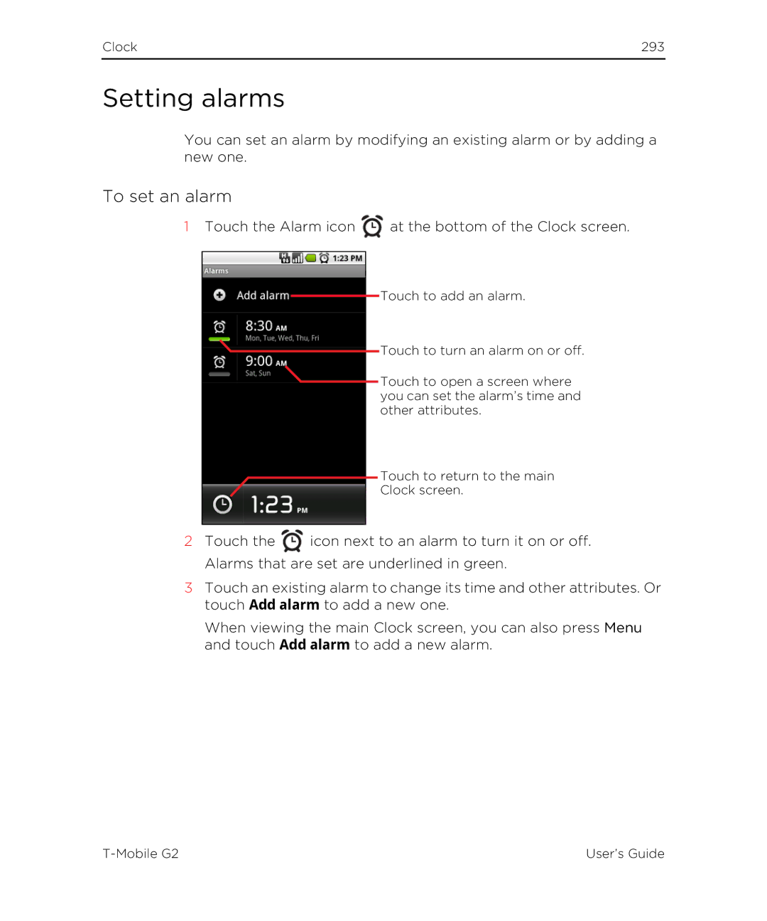 HTC G2 manual Setting alarms, To set an alarm 