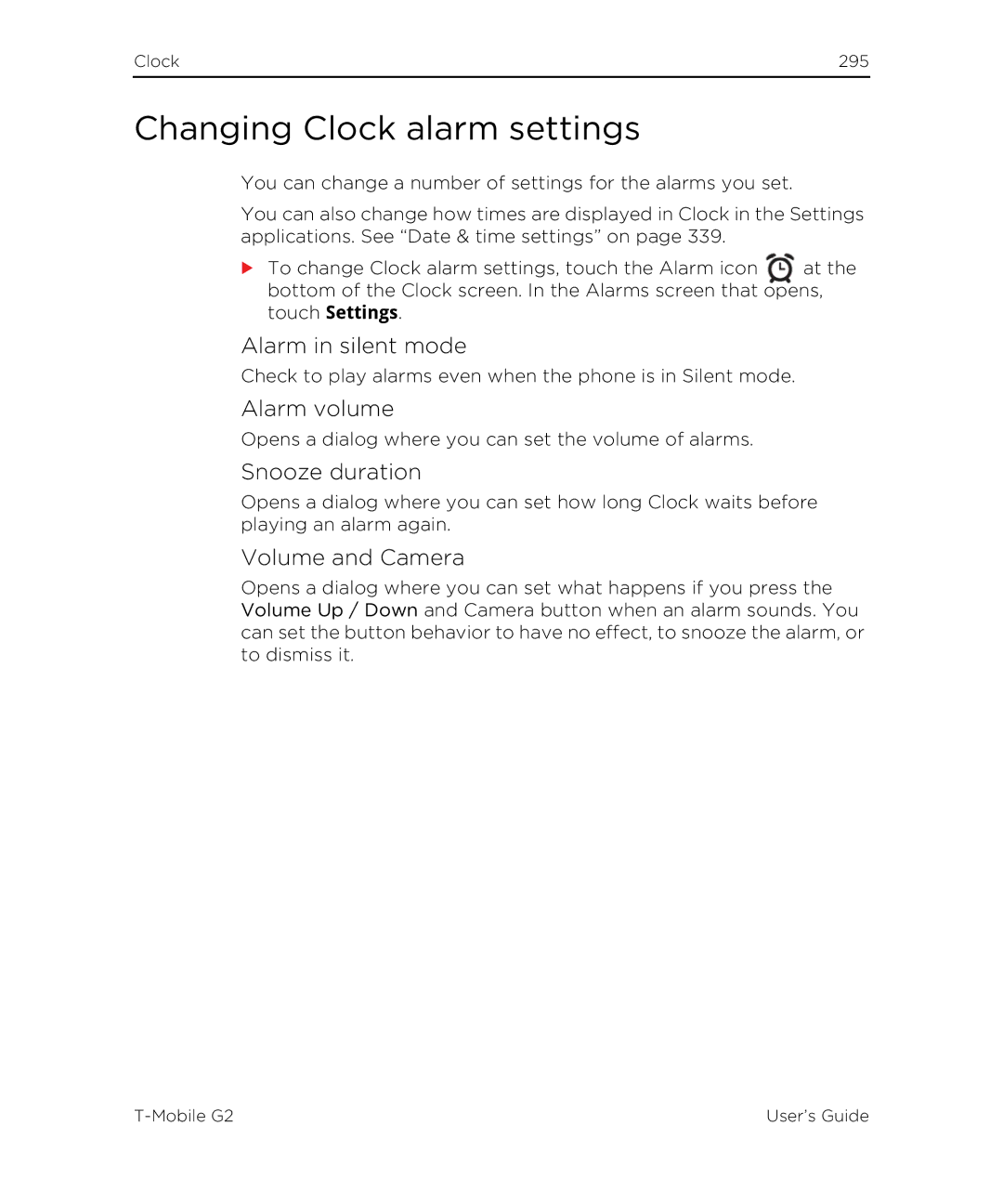 HTC G2 manual Changing Clock alarm settings, Alarm in silent mode, Alarm volume, Snooze duration, Volume and Camera 