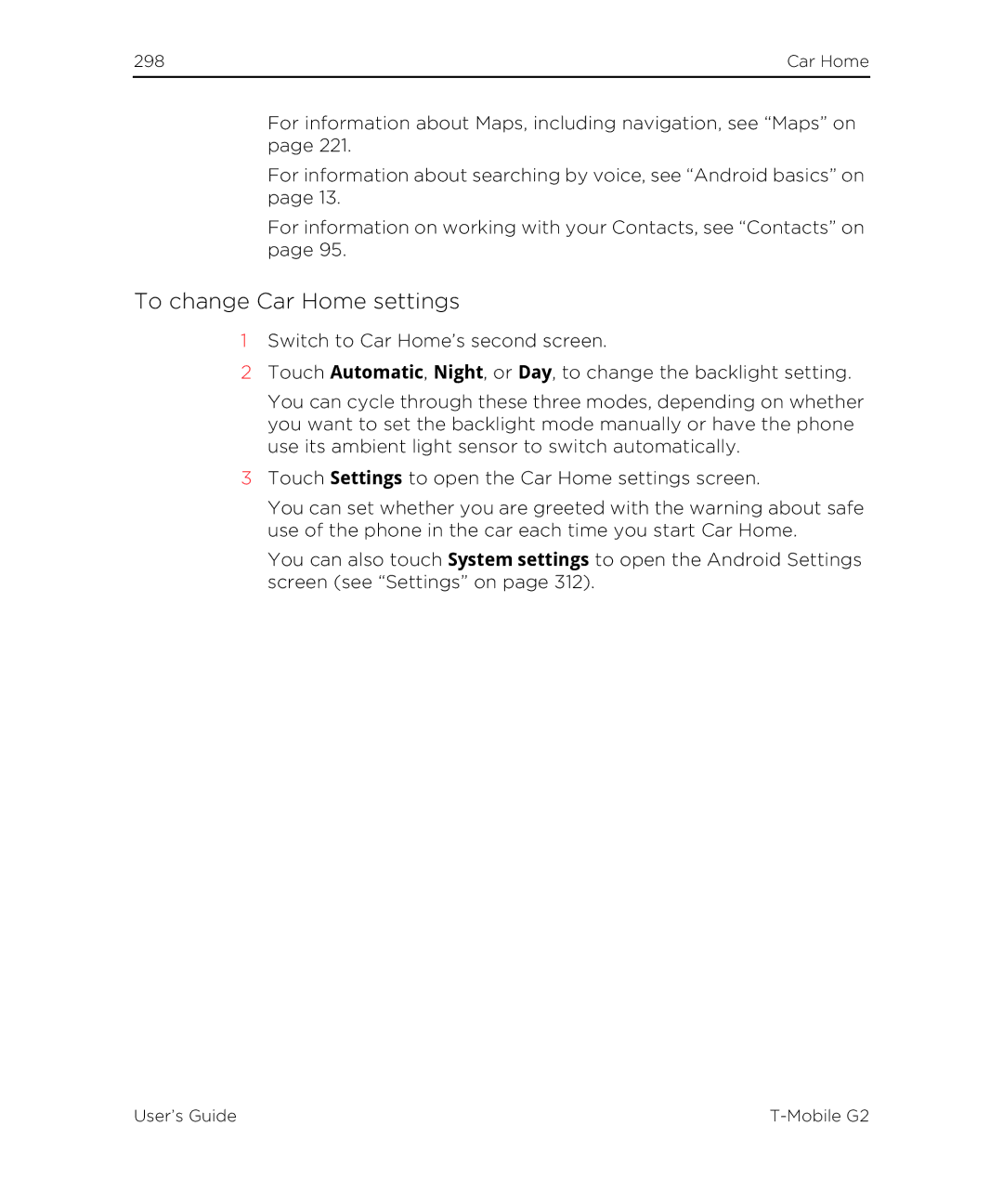 HTC G2 manual To change Car Home settings 