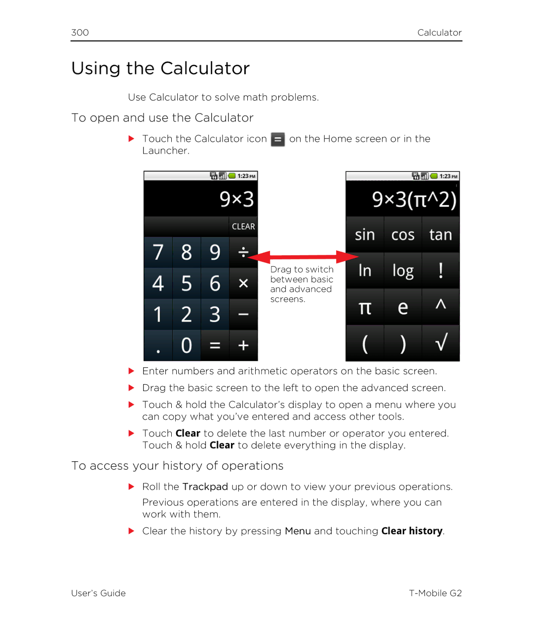 HTC G2 manual Using the Calculator, To open and use the Calculator, To access your history of operations 