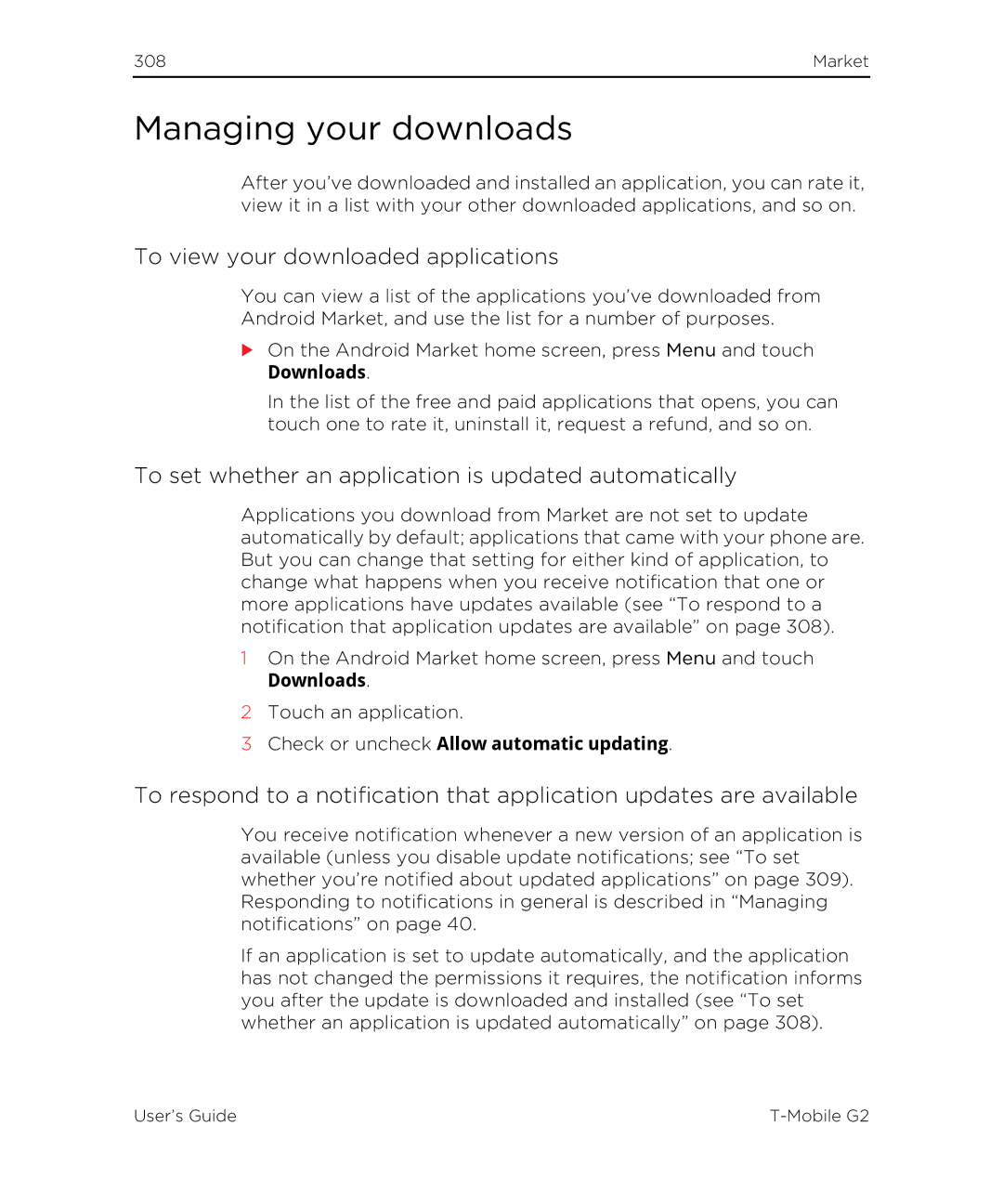 HTC G2 Managing your downloads, To view your downloaded applications, Downloads, Check or uncheck Allow automatic updating 