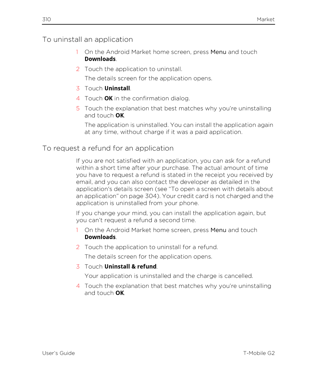 HTC G2 manual To uninstall an application, To request a refund for an application, Touch Uninstall & refund 